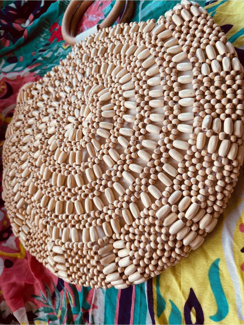 Handmade Natural Wooden Beaded Round Handbag Snap Close Cotton Lined Tote Purse - Picture 8 of 15